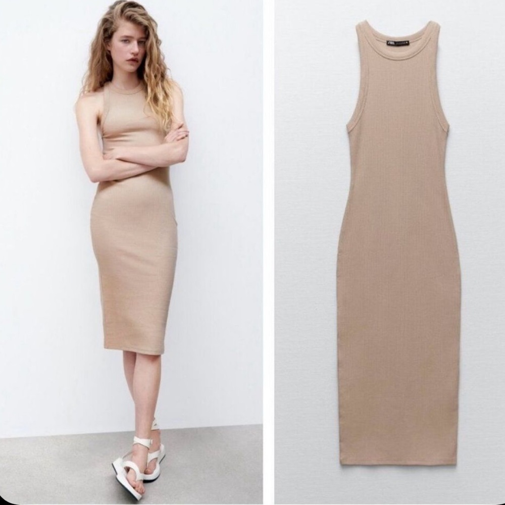 NWT Zara Small Tan Ribbed Midi Bodycon Staple Minimalist Basic Tank Dress